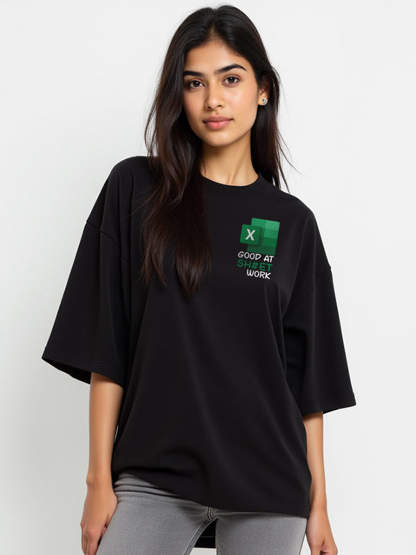 Sheet Work- Black Round Neck Oversized Corporate T-shirt