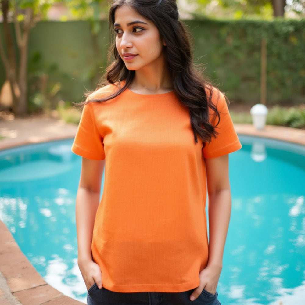 Orange- Solid Unisex Round Neck T-shirt