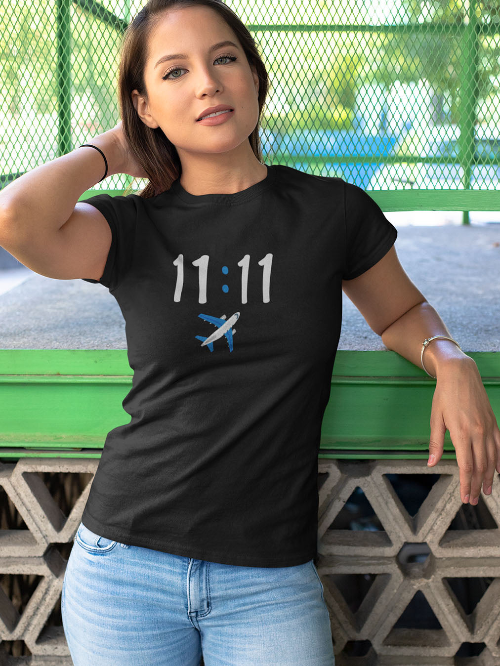 11:11- Black Round Neck Women's Flight Crew T-shirt