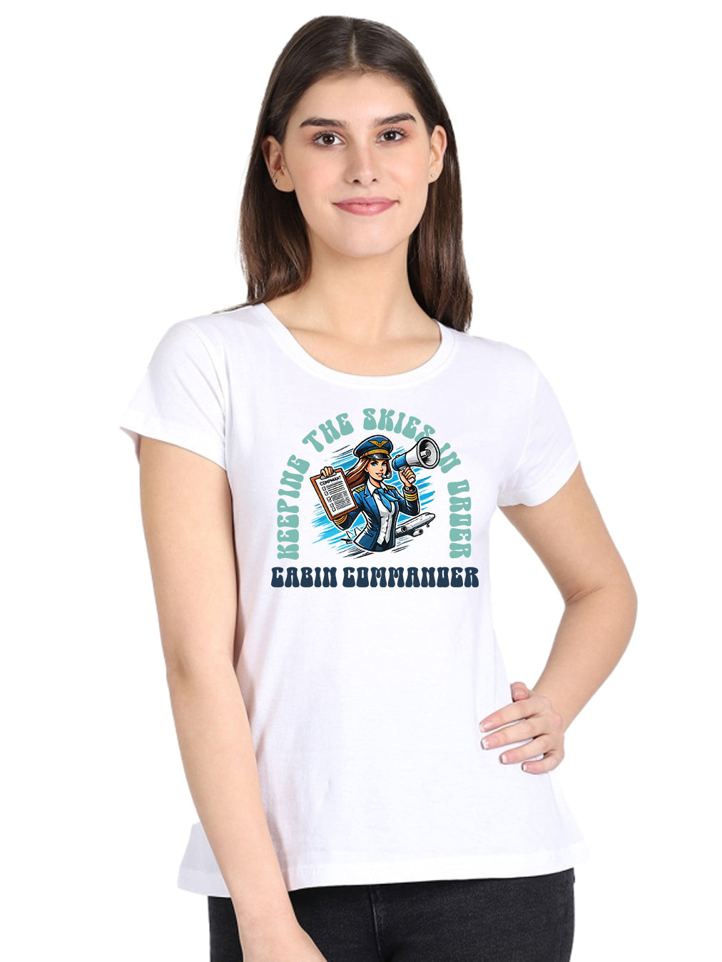 Cabin Commander- White Round Neck Women's Flight Crew T-shirt