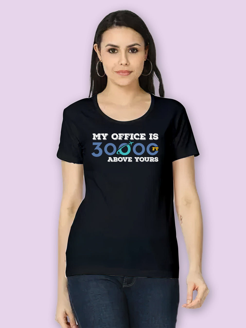 30000FT- Black Round Neck Women's Flight Crew T-shirt