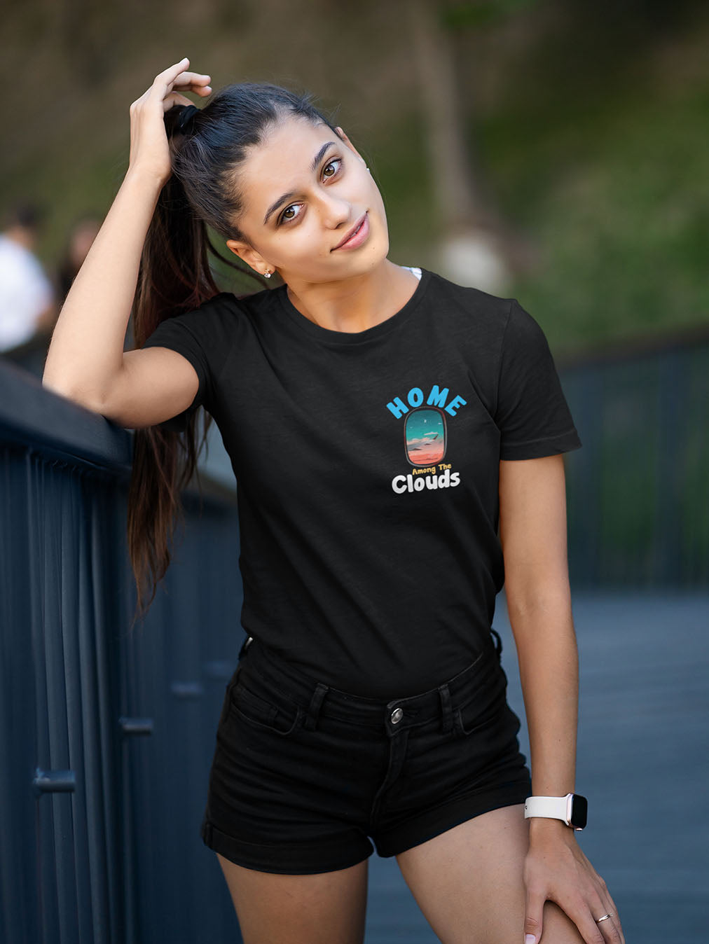 Home Among Clouds- Black Round Neck Women's Flight Crew T-shirt