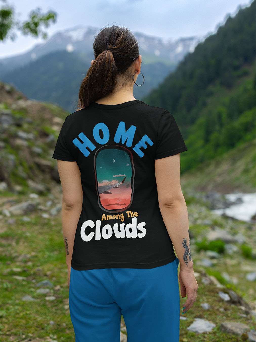 Home Among Clouds- Black Round Neck Women's Flight Crew T-shirt
