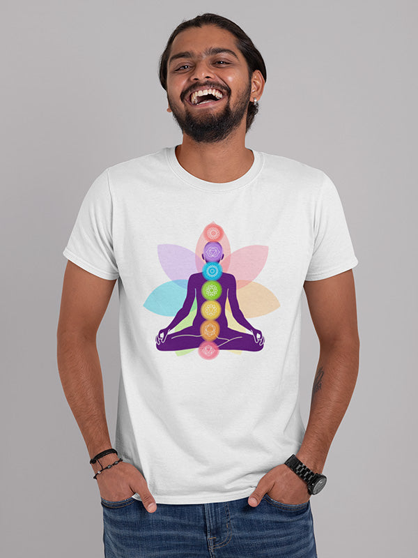 Yoga Chakras- White Round Neck Yoga T-shirt