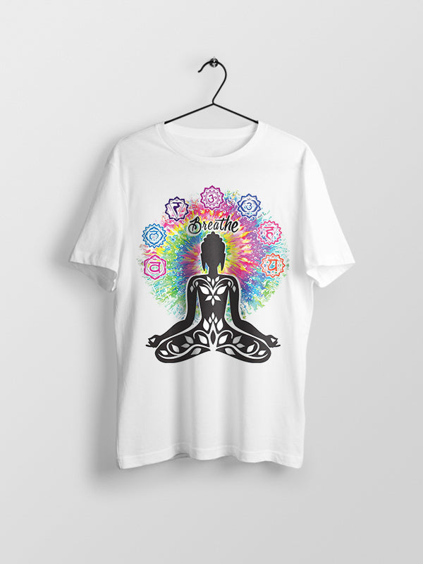 Breathe Meditation- White Round Neck Yoga T-shirt