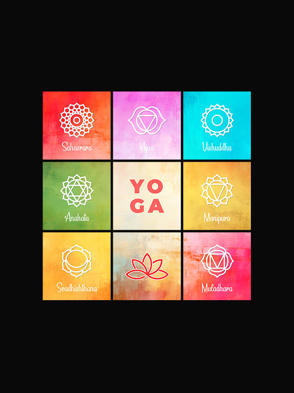 Yoga Chakras Boxes- Black Round Neck Yoga T-shirt