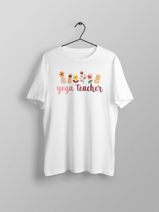Yoga Teacher Floral- White Round Neck Yoga T-shirt
