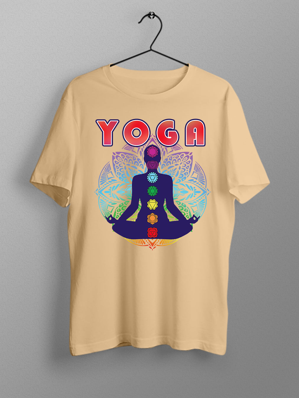 Yoga Chakras Mandala- Beige Round Neck Yoga T-shirt