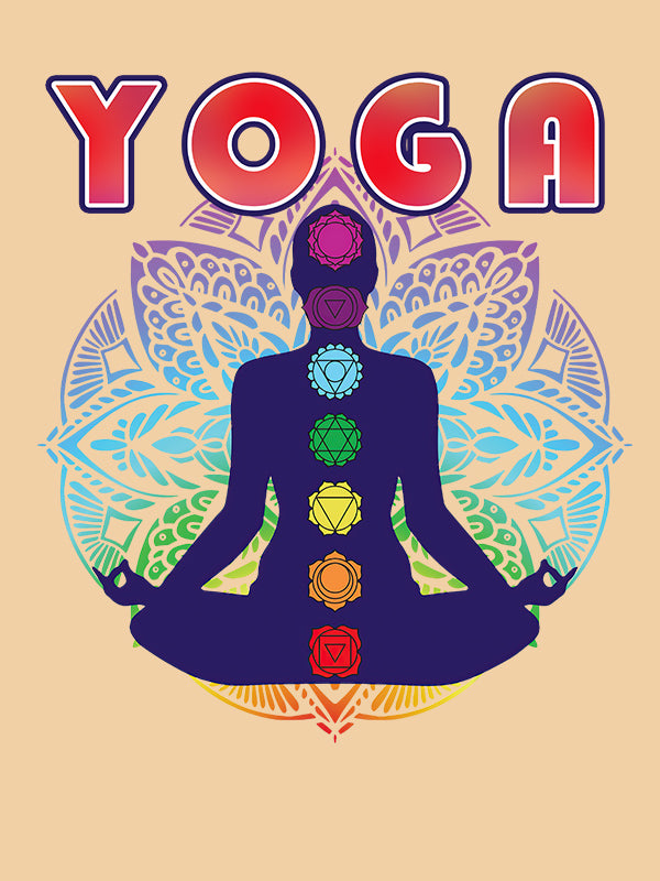 Yoga Chakras Mandala- Beige Round Neck Yoga T-shirt