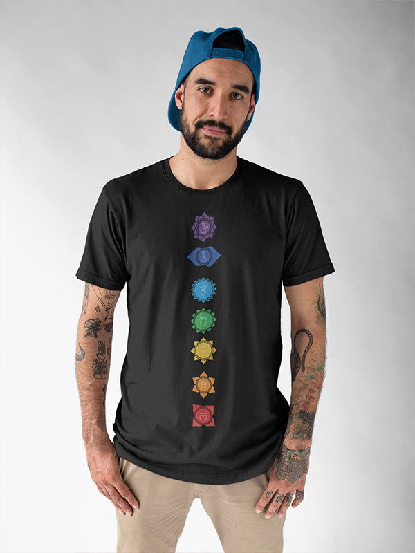Yoga Chakras Vertical- Black Round Neck Yoga T-shirt