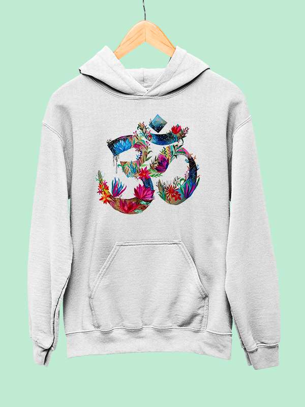 Om Symbol Flowers- White Yoga Hoodie