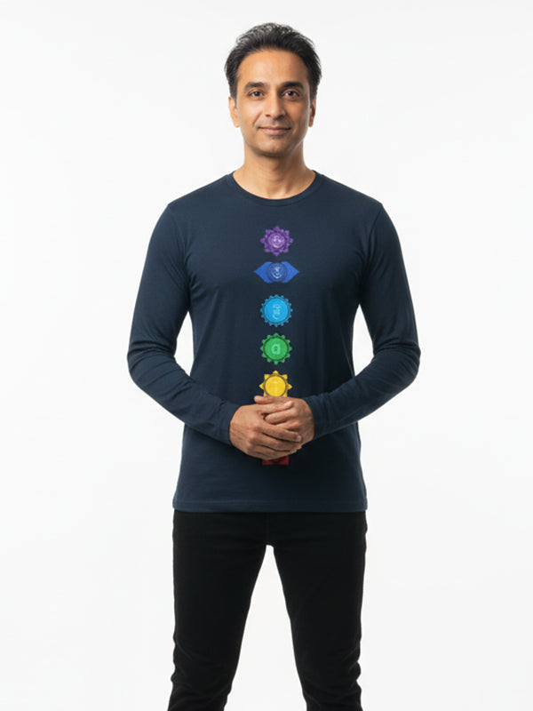 Yoga Chakras Vertical- Navy Blue Yoga Unisex Full Sleeves T-shirt