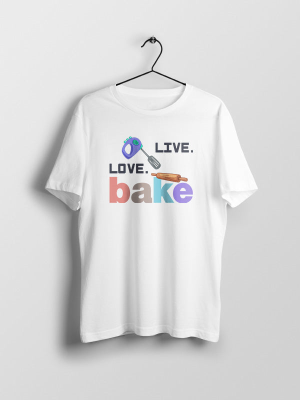 Live Love Bake - White Round Neck Baking T-shirt