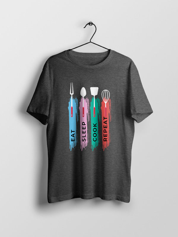 Eat Sleep Cook Repeat- Charcoal Grey Crew Neck Chef T-shirt