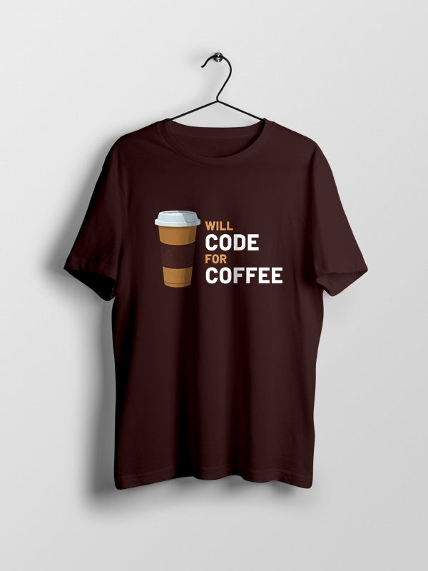 Will Code for Coffee- Coffee Brown Round Neck Coding T-shirt