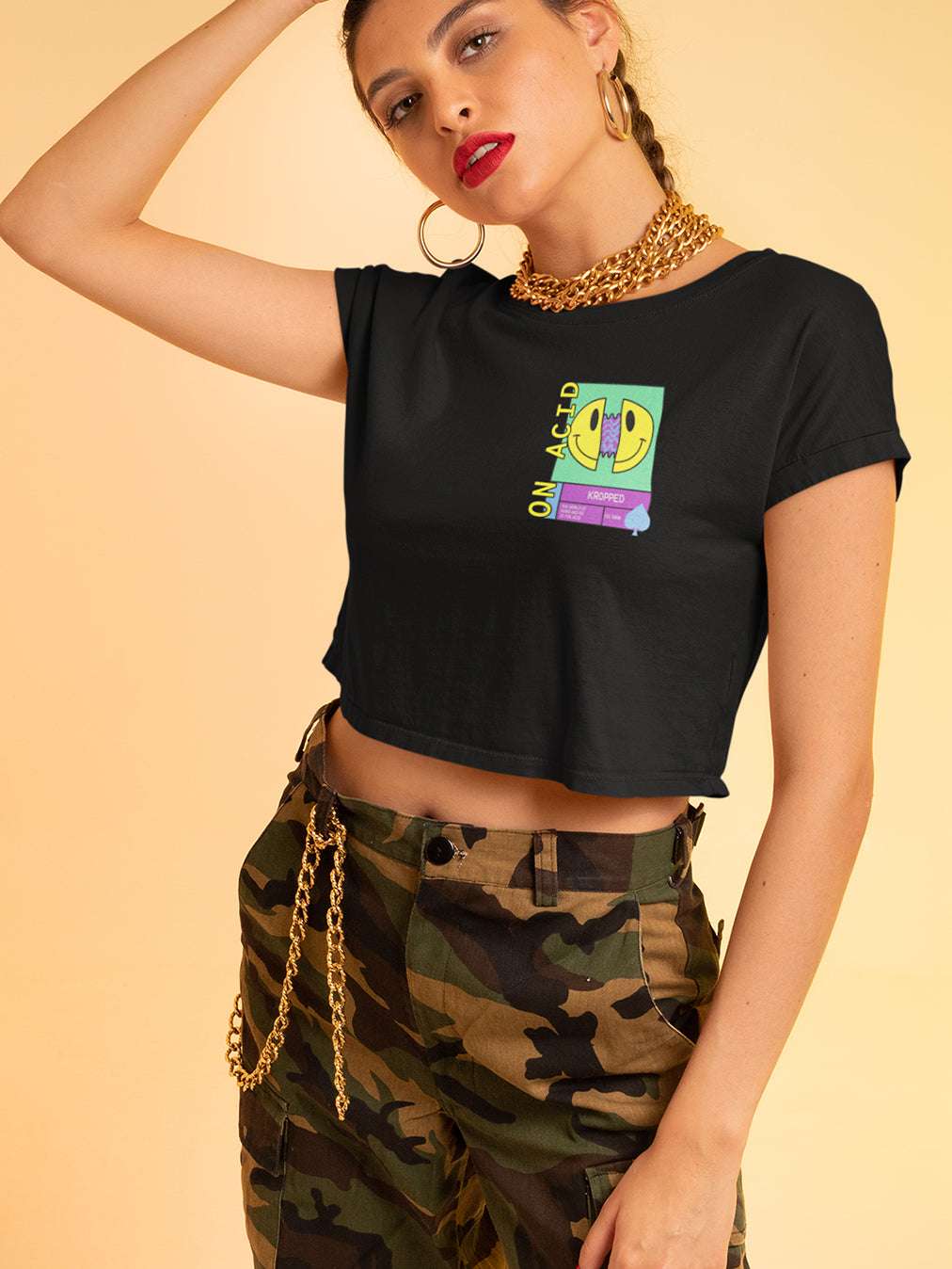 On Acid- Black Round Neck Crop Top