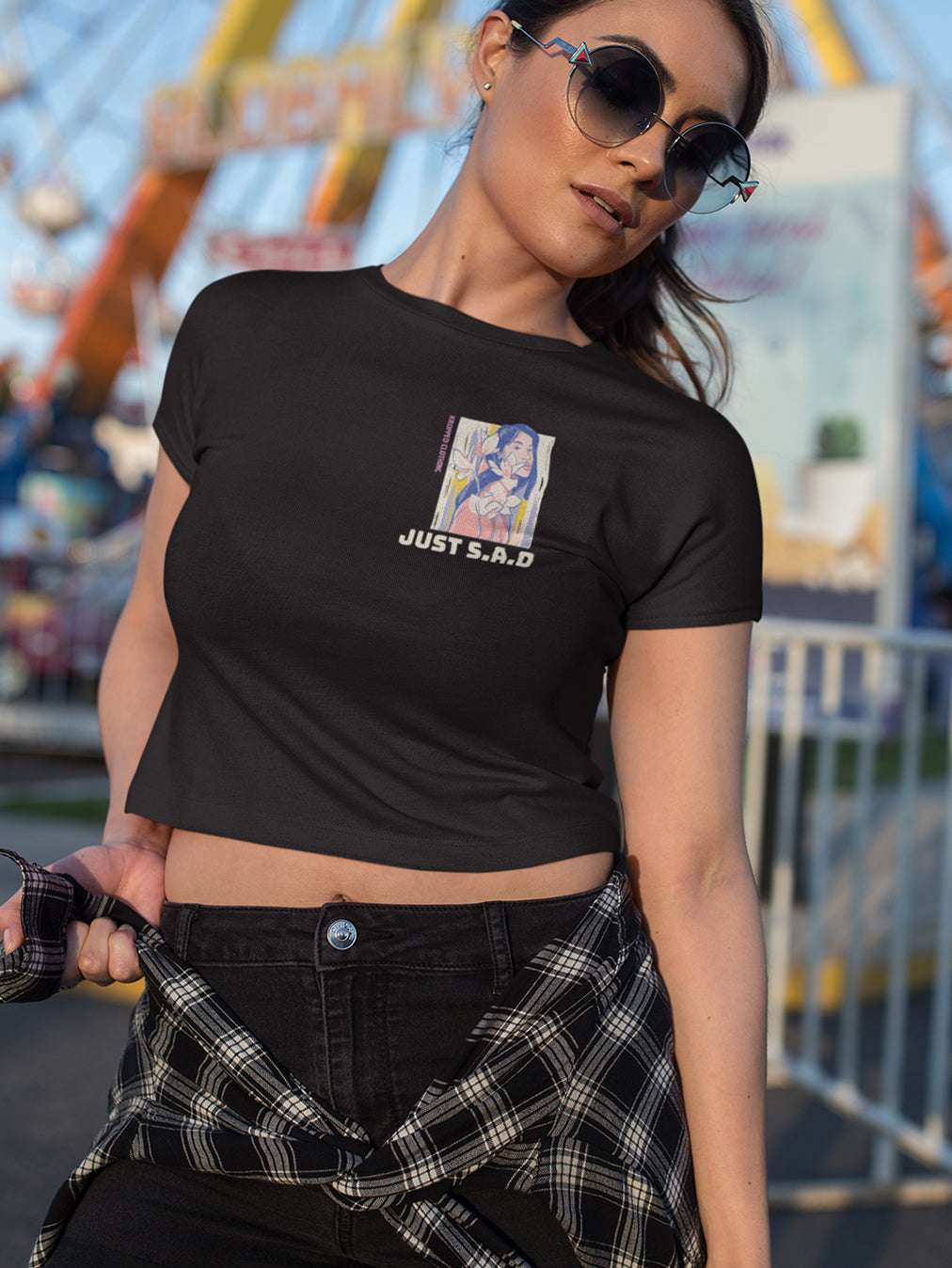 Just SAD- Black Round Neck Crop Top