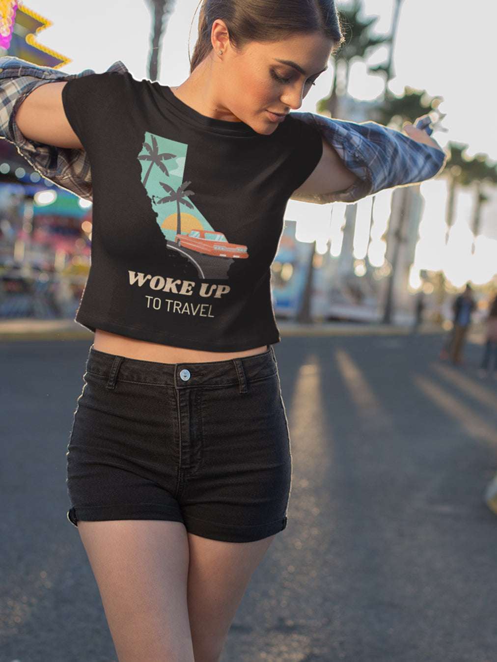 Woke up to Travel- Black Round Neck Crop Top
