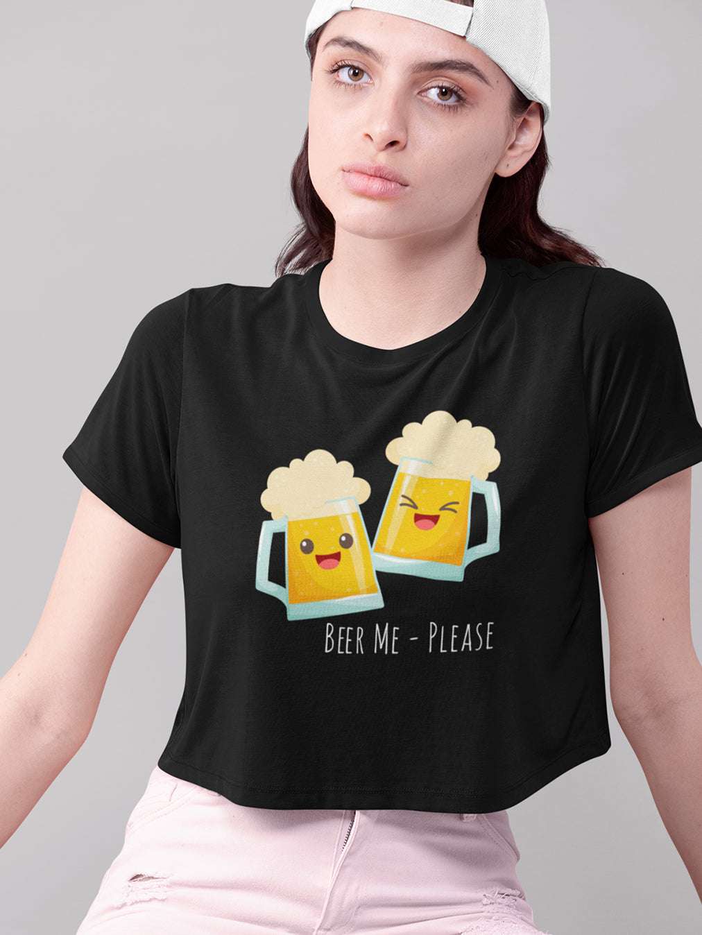 Beer Me Please- Black Round Neck Crop Top