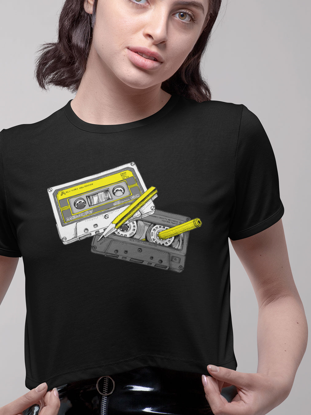 Retro Cassettes- Black Round Neck Crop Top