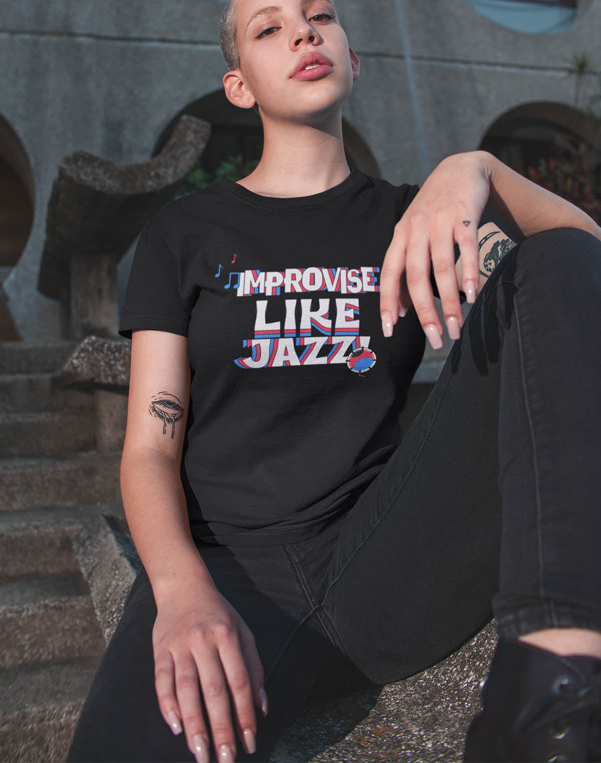 Improvize like Jazz - Black Round Neck Music T-shirt
