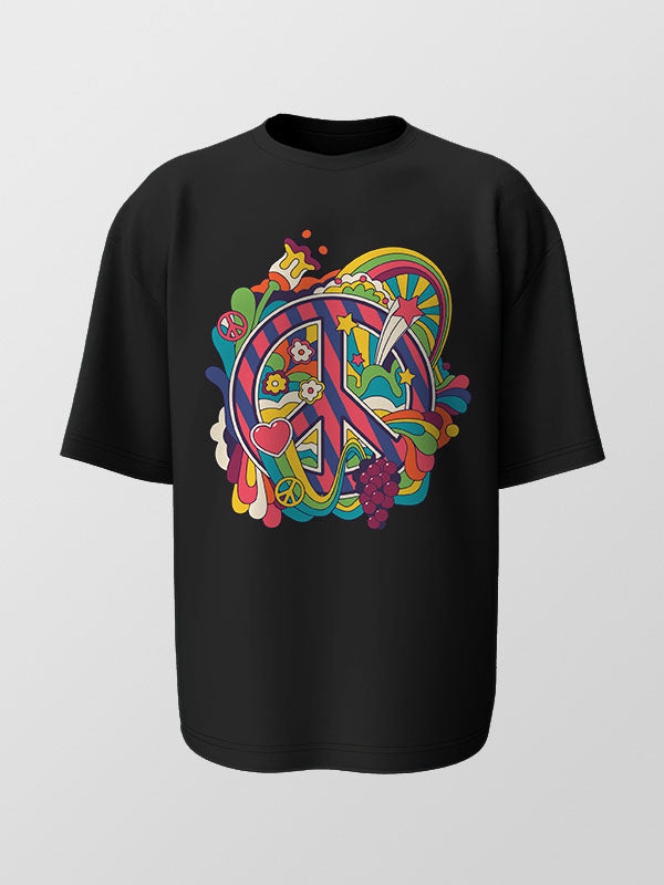 Peace Graphic- Black Round Neck Oversized Yoga T-shirt