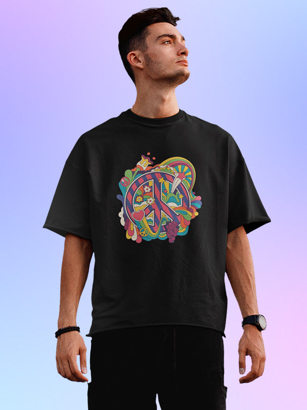 Peace Graphic- Black Round Neck Oversized Yoga T-shirt
