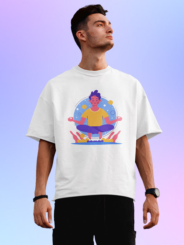 Meditation cartoon- White Round Neck Yoga Oversized T-shirt