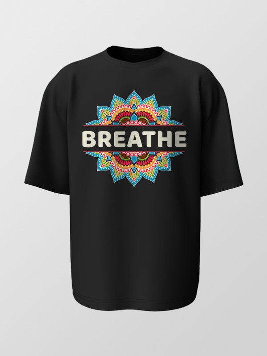 Breathe- Black Round Neck Yoga Oversized T-shirt
