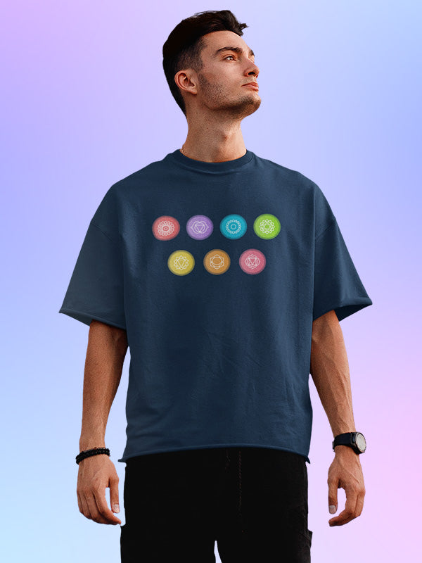 Yoga Chakras- Navy Blue Round Neck Yoga Oversized T-shirt