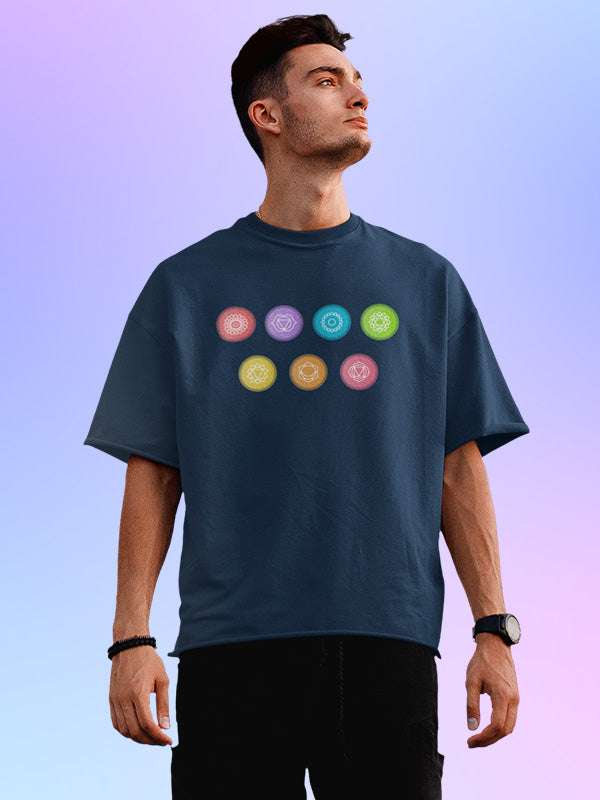 Yoga Chakras- Navy Blue Round Neck Yoga Oversized T-shirt
