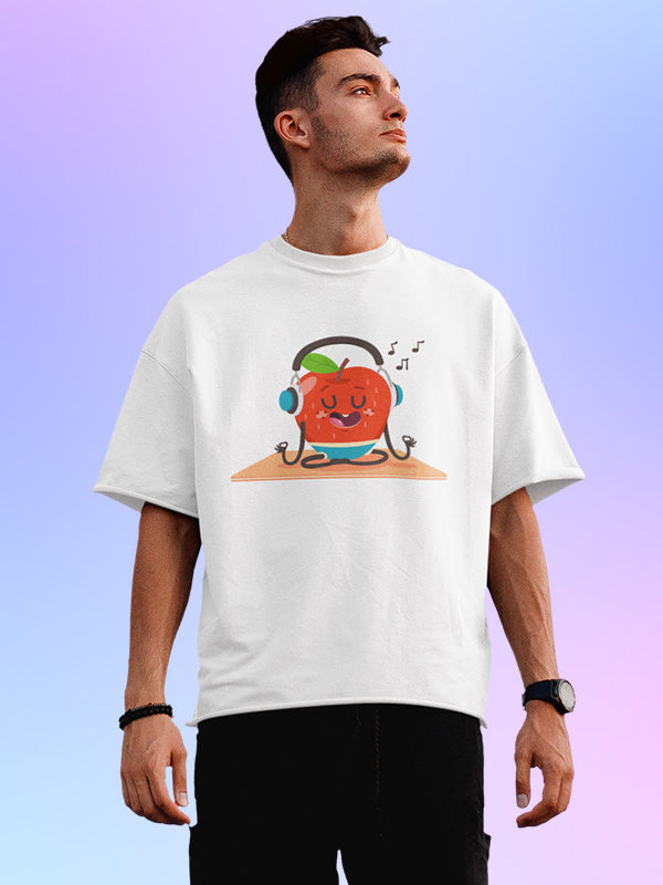 Apple Meditation- White Round Neck Yoga Oversized T-shirt