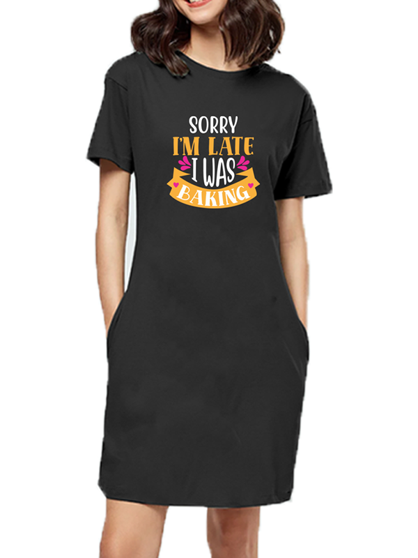 I Was Baking - Black Round Neck Baking Woman T-shirt Dress
