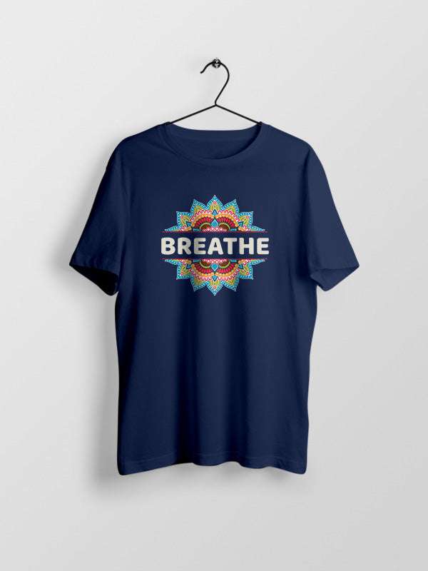 Breathe- Navy Blue Round Neck Yoga T-shirt
