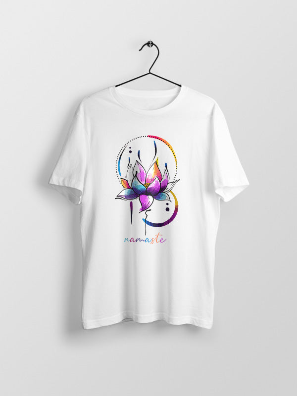 Yoga Flower Graphic- White Round Neck Yoga T-shirt