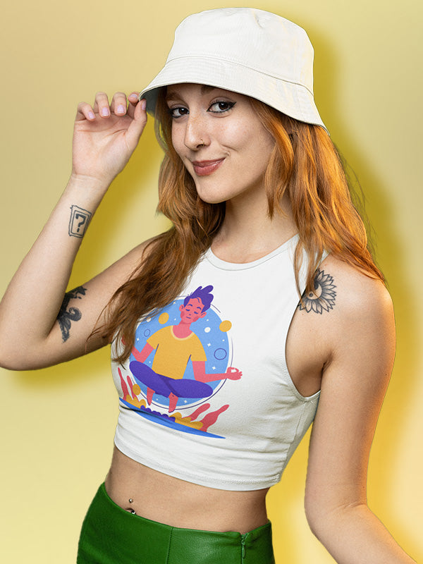 Meditation Cartoon- White Yoga Crop Tank Top