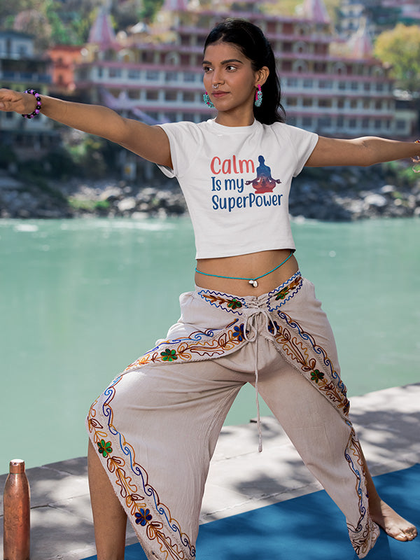 Calm Is my Superpower- White Yoga Crop Top