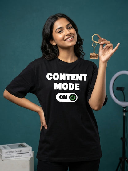 Content Mode On- Black Round Neck Writer T-shirt