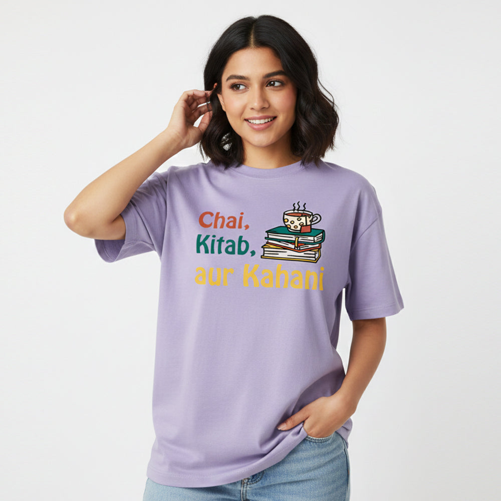 Chai, Kitaab, aur Kahani- Lavender Round Neck Oversized Writer T-shirt
