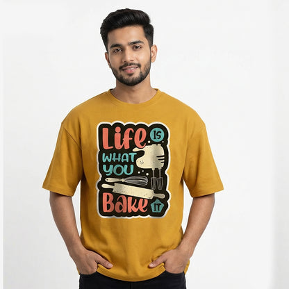 Life is what you Bake it- Mustard Yellow Baking Oversized Tshirt