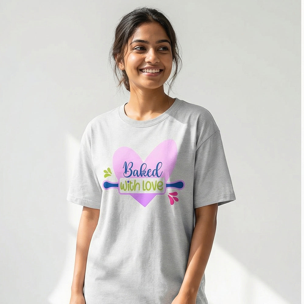 Baked with Love- White Round Neck Baking T-shirt