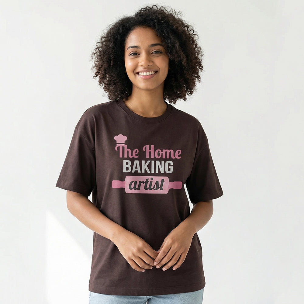 Home baking artist - Brown Round Neck Baking T-shirt