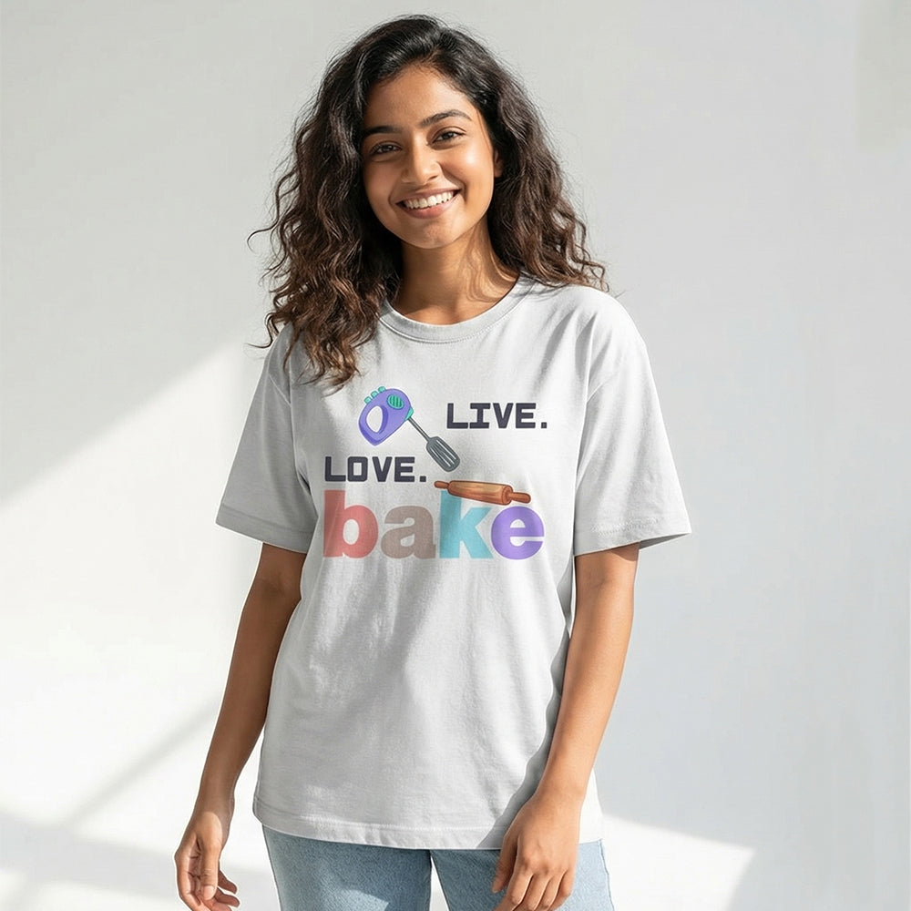 Live Love Bake - White Round Neck Baking T-shirt