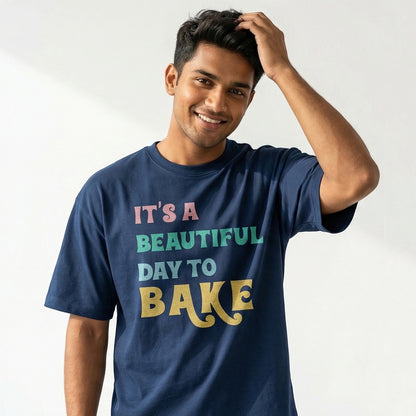 It's a beautiful day to Bake - Navy Blue Round Neck Baking T-shirt