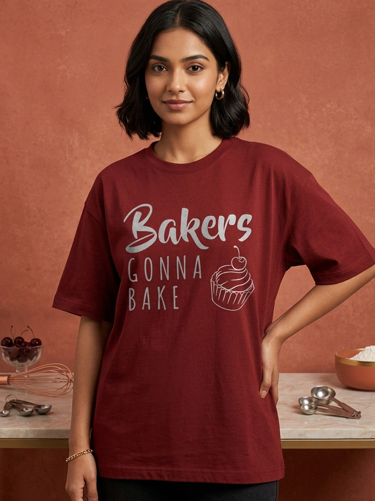 Bakers Gonna Bake- Maroon Round Neck Baking T-shirt