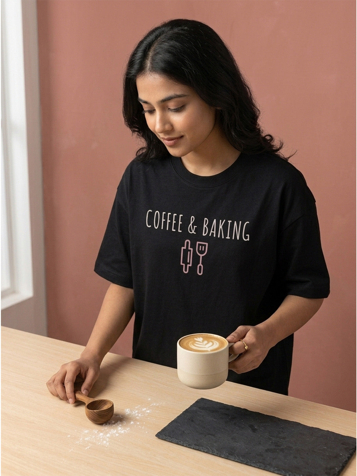 Coffee and Baking - Black Round Neck Baking T-shirt