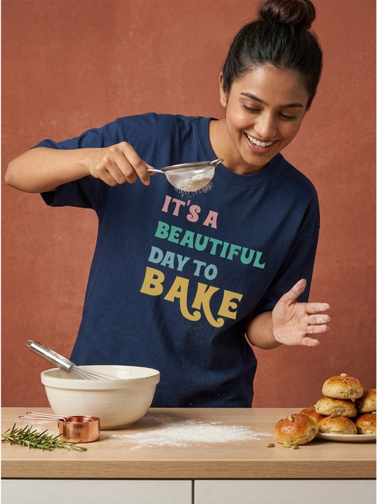 It's a beautiful day to Bake - Navy Blue Round Neck Baking T-shirt