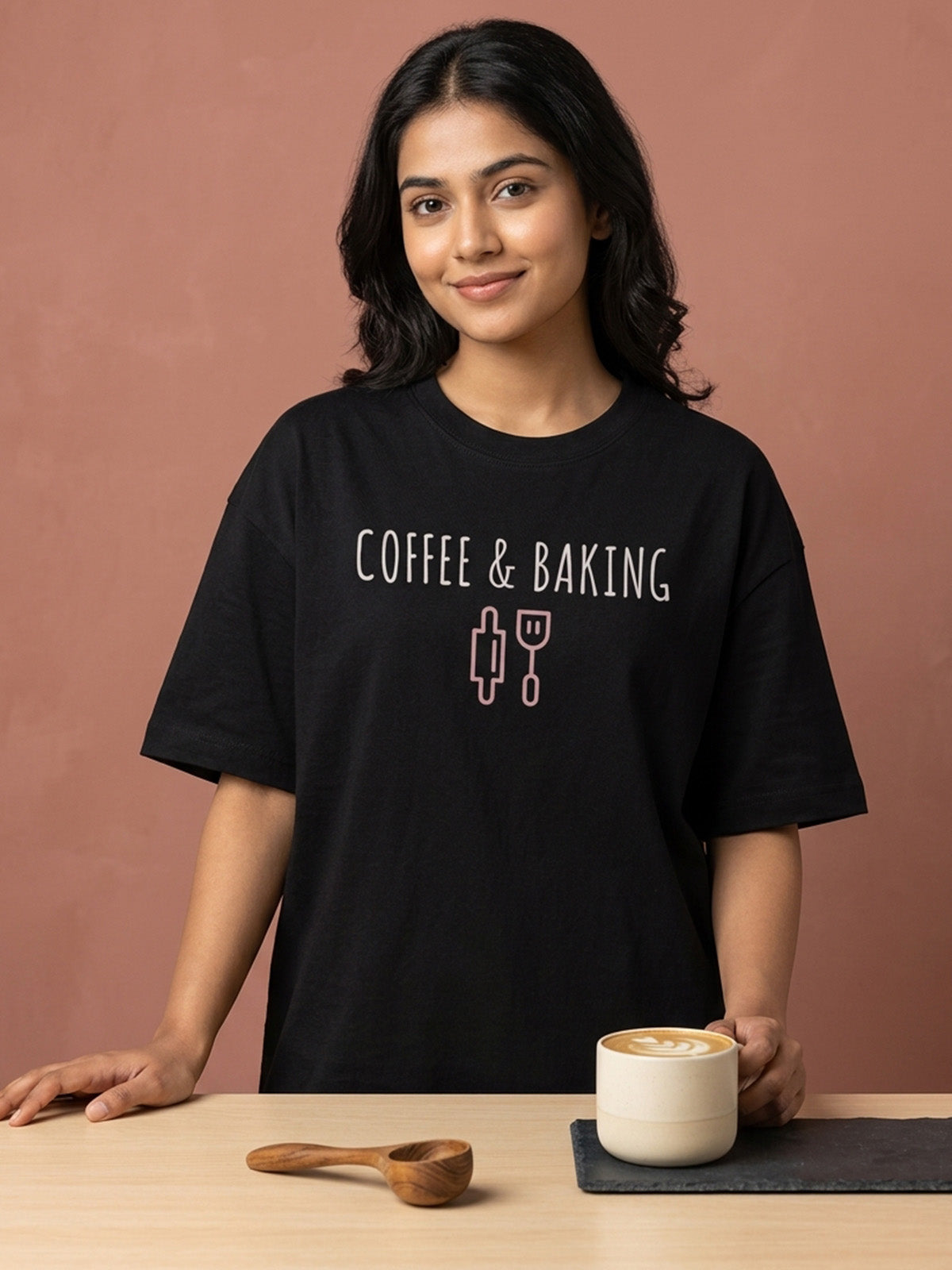 Coffee and Baking - Black Round Neck Baking T-shirt