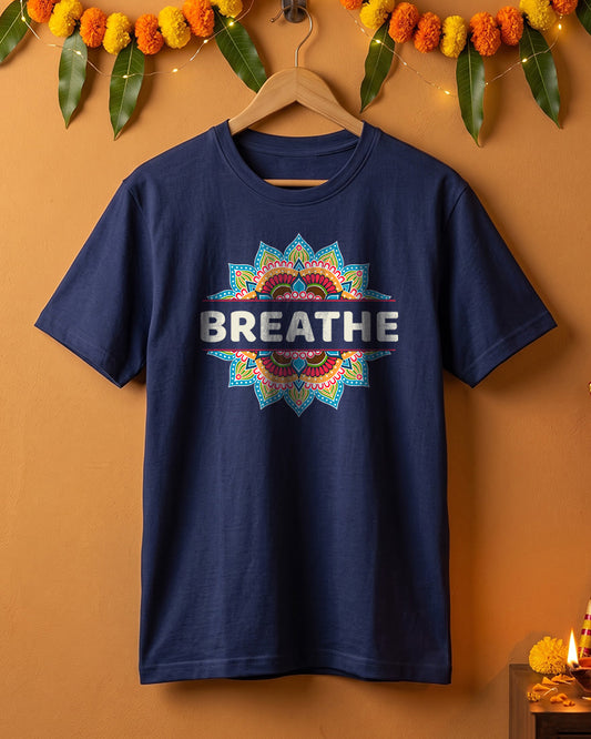 Breathe- Navy Blue Round Neck Yoga T-shirt