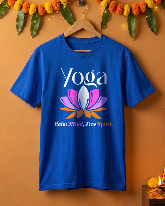 Calm Mind Free Spirit- Royal Blue Round Neck Yoga T-shirt